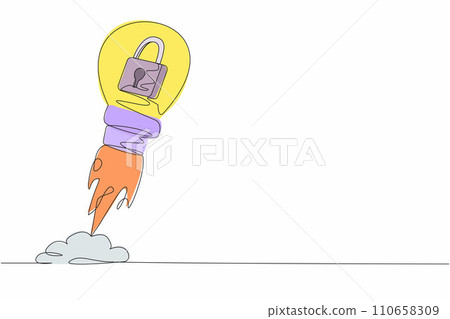 Continuous one line drawing padlock launching with light bulb. Business protection in market competition. Leadership to launch security project concept. Single line design vector graphic illustration 110658309