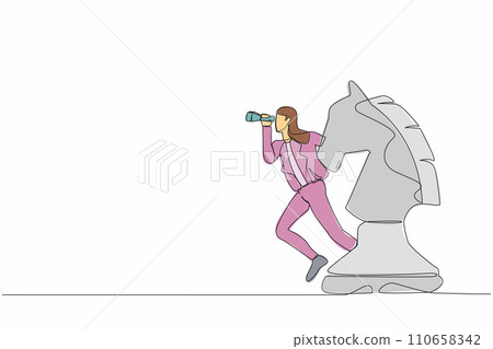 Single continuous line drawing businesswoman leader standing on horse chess piece using telescope to see business vision. Leader make decision or opportunity. One line draw design vector illustration Single continuous line drawing businesswoman leader standing on horse chess piece using telescope to see business vision. Leader make decision or opportunity. One line draw design vector illustration 110658342
