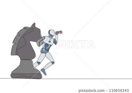 Continuous one line draw robot standing on horse chess piece using telescope to see business vision. Success strategy in tech industry. Artificial intelligence. Single line design vector illustration 110658343