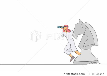 Single continuous line drawing Arabian businessman leader standing on horse chess piece using telescope to see business vision. Competitor analysis concept. One line graphic design vector illustration 110658344