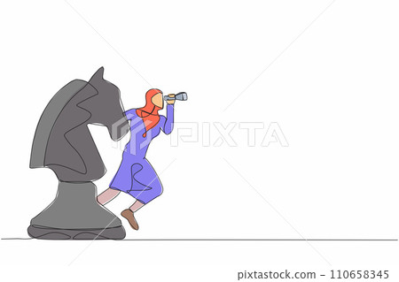 Continuous one line drawing Arab businesswoman leader standing on horse chess piece using telescope to see business vision. Looking for opportunity. Single line draw design vector graphic illustration 110658345