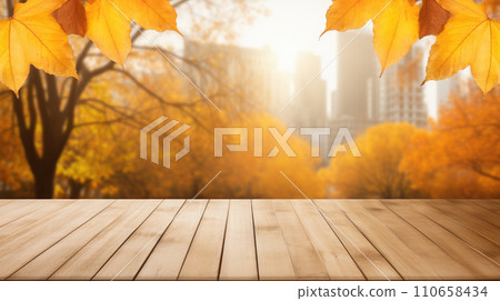 Empty wooden tabletop with autumn blurry background. Generative Ai. Empty wooden tabletop with autumn blurry background. Generative Ai. 110658434