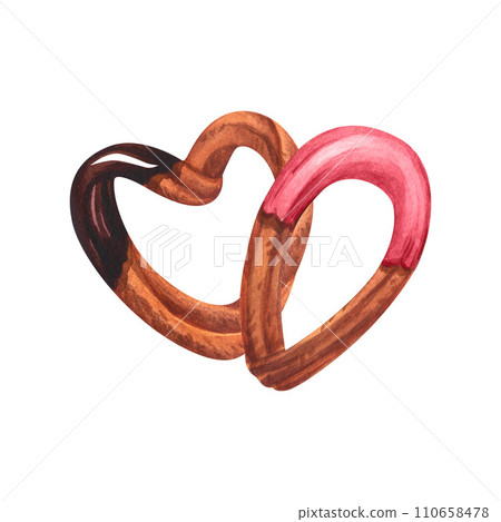 Churros hearts fried sweet biscuit dipped in chocolate sauce and strawberry pink syrup. Watercolor hand-drawn illustration isolated on white background. Desserts in Spanish or Mexican cuisine Churros hearts fried sweet biscuit dipped in chocolate sauce and strawberry pink syrup. Watercolor hand-drawn illustration isolated on white background. Desserts in Spanish or Mexican cuisine 110658478