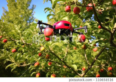 A red drone picking apples in an orchard. Generative Ai. A red drone picking apples in an orchard. Generative Ai. 110658516