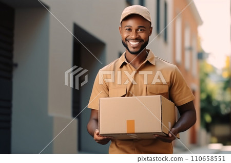 Delivery courier service. Delivery man in brown cap and uniform holding a cardboard box delivering to door of customer home. Smiling young man postal delivery man delivering package. Generative AI. 110658551