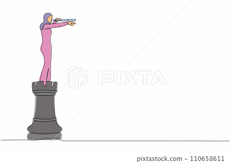 Single one line drawing Arabian businesswoman on top of rook chess piece pointing and using telescope looking for success. Successful business strategy. Continuous line draw design vector illustration Single one line drawing Arabian businesswoman on top of rook chess piece pointing and using telescope looking for success. Successful business strategy. Continuous line draw design vector illustration 110658611