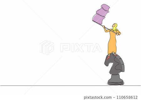 Single one line drawing Arab businesswoman standing on top of big horse chess piece and waving a flag. Defeat competitors in business as winning chess game. Continuous line design vector illustration Single one line drawing Arab businesswoman standing on top of big horse chess piece and waving a flag. Defeat competitors in business as winning chess game. Continuous line design vector illustration 110658612