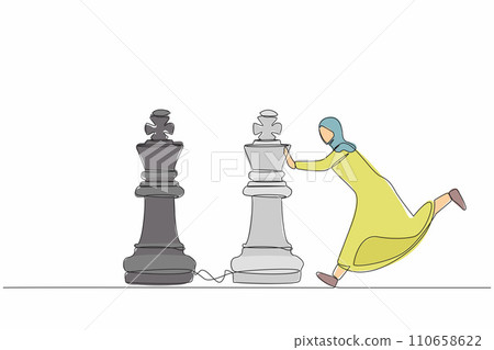 Continuous one line drawing active Arab businesswoman push huge king chess piece to beat another king. Business strategy, marketing plan, winning game play. Single line draw design vector illustration Continuous one line drawing active Arab businesswoman push huge king chess piece to beat another king. Business strategy, marketing plan, winning game play. Single line draw design vector illustration 110658622