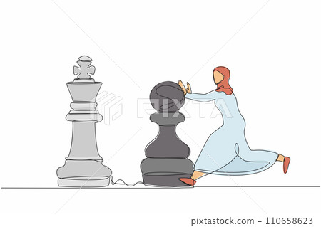 Single continuous line drawing attractive Arabian businesswoman push huge pawn chess piece to beat king. Strategic thinking, smart move in business play game. One line draw design vector illustration Single continuous line drawing attractive Arabian businesswoman push huge pawn chess piece to beat king. Strategic thinking, smart move in business play game. One line draw design vector illustration 110658623
