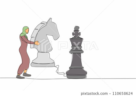 Single one line drawing Arab businesswoman holding horse chess piece to beat king chess. Business development strategy, winning competition, tactics in game. Continuous line design vector illustration Single one line drawing Arab businesswoman holding horse chess piece to beat king chess. Business development strategy, winning competition, tactics in game. Continuous line design vector illustration 110658624