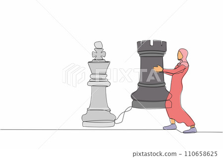 Single one line drawing Arabian businesswoman holding rook chess piece. Strategic planning, business development strategy, tactics in entrepreneurship. Continuous line draw design vector illustration Single one line drawing Arabian businesswoman holding rook chess piece. Strategic planning, business development strategy, tactics in entrepreneurship. Continuous line draw design vector illustration 110658625