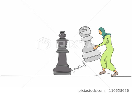 Continuous one line drawing Arab businesswoman lifting pawn chess piece to beat king chess. Strategic planning, business development strategy, tactics in game. Single line design vector illustration Continuous one line drawing Arab businesswoman lifting pawn chess piece to beat king chess. Strategic planning, business development strategy, tactics in game. Single line design vector illustration 110658626