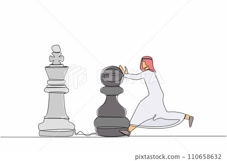 Continuous one line drawing intellect Arab businessman push huge pawn chess piece to beat king. Strategic thinking and smart move in business play game. Single line design vector graphic illustration Continuous one line drawing intellect Arab businessman push huge pawn chess piece to beat king. Strategic thinking and smart move in business play game. Single line design vector graphic illustration 110658632