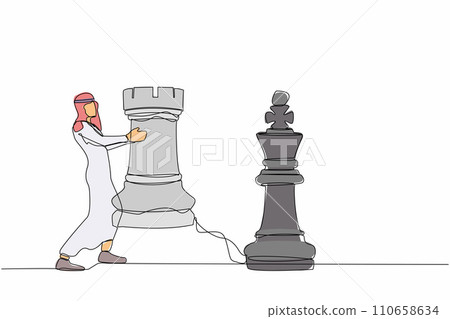 Single continuous line drawing Arab businessman holding rook chess piece. Strategic planning, business development game strategy, tactics in entrepreneurship. One line draw design vector illustration Single continuous line drawing Arab businessman holding rook chess piece. Strategic planning, business development game strategy, tactics in entrepreneurship. One line draw design vector illustration 110658634