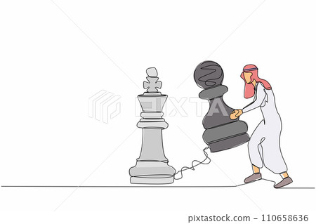 Continuous one line drawing Arab businessman lifting pawn chess piece to beat king chess. Strategic planning, business development strategy, tactic in game. Single line draw design vector illustration Continuous one line drawing Arab businessman lifting pawn chess piece to beat king chess. Strategic planning, business development strategy, tactic in game. Single line draw design vector illustration 110658636