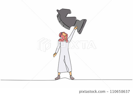 Single one line drawing Arabian businessman holding horse chess piece. Successful entrepreneurship tactics or strategy, superiority in business. Continuous line draw design graphic vector illustration Single one line drawing Arabian businessman holding horse chess piece. Successful entrepreneurship tactics or strategy, superiority in business. Continuous line draw design graphic vector illustration 110658637