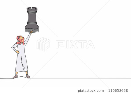 Single continuous line drawing smart Arabian businessman holding rook chess piece. Tactical advantage, successful entrepreneurship tactics or strategy. One line draw graphic design vector illustration Single continuous line drawing smart Arabian businessman holding rook chess piece. Tactical advantage, successful entrepreneurship tactics or strategy. One line draw graphic design vector illustration 110658638