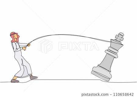 Continuous one line drawing Arab businessman pulling big king chess with rope. Business achievement, strategy. Competitive worker in market competition. Single line design vector graphic illustration Continuous one line drawing Arab businessman pulling big king chess with rope. Business achievement, strategy. Competitive worker in market competition. Single line design vector graphic illustration 110658642
