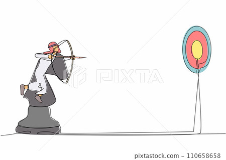 Single continuous line drawing precise Arabian businessman holding archery and aiming target while riding horse chess piece. Strategic competition. Success worker. One line design vector illustration 110658658