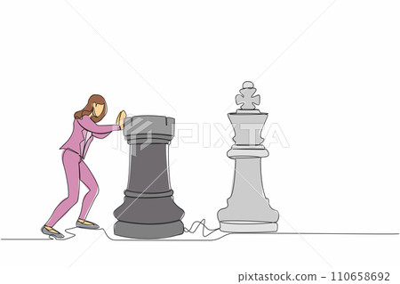 Single continuous line drawing smart businesswoman push huge rook chess piece to beat king. Business strategy to winning market competition. Strategic move. One line graphic design vector illustration Single continuous line drawing smart businesswoman push huge rook chess piece to beat king. Business strategy to winning market competition. Strategic move. One line graphic design vector illustration 110658692