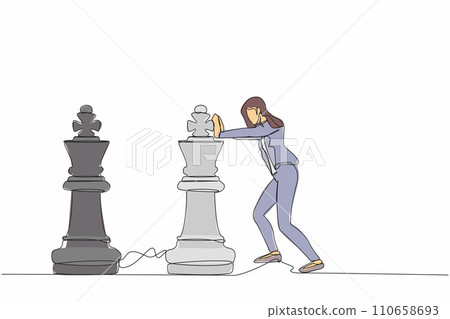 Single continuous line drawing of smart businesswoman push huge king chess piece to beat another king. Business strategy, marketing plan, winning game play. One line graphic design vector illustration Single continuous line drawing of smart businesswoman push huge king chess piece to beat another king. Business strategy, marketing plan, winning game play. One line graphic design vector illustration 110658693