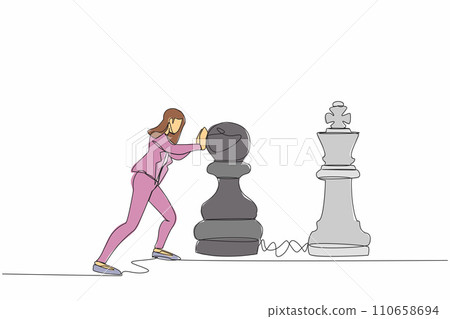 Continuous one line drawing competitive businesswoman push huge pawn chess piece to beat king. Strategic thinking, smart move in business play game. Single line draw design vector graphic illustration Continuous one line drawing competitive businesswoman push huge pawn chess piece to beat king. Strategic thinking, smart move in business play game. Single line draw design vector graphic illustration 110658694
