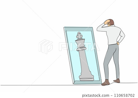 Single one line drawing businessman standing in front of mirror, reflecting chess king. Metaphor of confidence. Success business, opportunities. Continuous line draw design graphic vector illustration 110658702