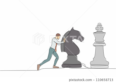 Continuous one line of drawing active businessman push huge horse chess piece to beat king. Strategic thinking and smart move in business play game. Single line draw design vector graphic illustration 110658713