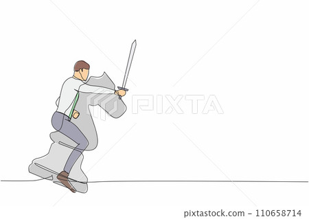 Single one line drawing of brave businessman riding big horse chess piece with sword. Business strategy, winning competition, achievement goal concept. Continuous line draw design vector illustration Single one line drawing of brave businessman riding big horse chess piece with sword. Business strategy, winning competition, achievement goal concept. Continuous line draw design vector illustration 110658714