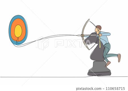 Single one line drawing precise businessman holding archery and aiming target while riding horse chess piece. Strategic competition. Success business worker. Continuous line design vector illustration 110658715