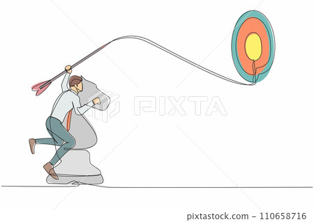 Single one line drawing accuracy businessman holding dart arrow and aiming target while riding horse chess piece. Success manager achievement. Continuous line draw design graphic vector illustration Single one line drawing accuracy businessman holding dart arrow and aiming target while riding horse chess piece. Success manager achievement. Continuous line draw design graphic vector illustration 110658716