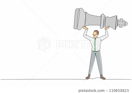 Single one line drawing businessman holding or lifting king chess piece. Successful entrepreneurship tactic, strategy, superiority in business. Continuous line draw design graphic vector illustration 110658823