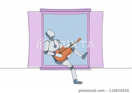 Single one line drawing robot sitting on windowsill playing guitar and sing song. Relaxation, comfort, romantic. Modern robotic artificial intelligence. Continuous line draw design vector illustration 110658830
