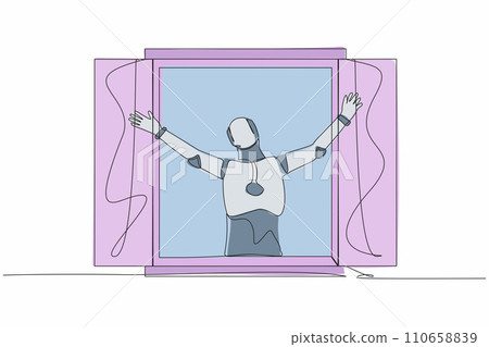 Single one line drawing happy robot looking out of window meet new day breathe fresh air. Robot artificial intelligence. Electronic technology industry. Continuous line draw design vector illustration 110658839
