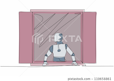 Single one line drawing curious robot looking outside window. Robot with a plant watching out the window. Artificial intelligence. Technology industry. Continuous line draw design vector illustration Single one line drawing curious robot looking outside window. Robot with a plant watching out the window. Artificial intelligence. Technology industry. Continuous line draw design vector illustration 110658861