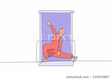 Single continuous line drawing healthy Arabian woman with headphone practices yoga near window in balcony. Sports activity, workout, exercise, fitness, indoors one line draw design vector illustration 110658867