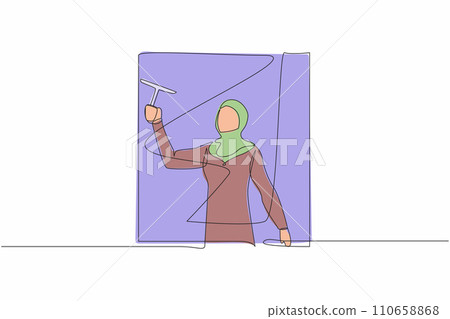 Continuous one line drawing young Arabian woman cleaning windows with glass cleaner tools. Washing windows with bucket, detergent, wet rag. Daily housework. Single line draw design vector illustration Continuous one line drawing young Arabian woman cleaning windows with glass cleaner tools. Washing windows with bucket, detergent, wet rag. Daily housework. Single line draw design vector illustration 110658868