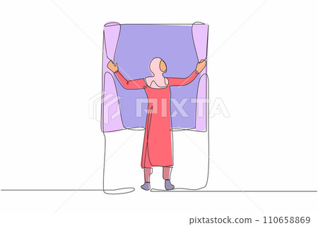 Continuous one line drawing back view of young Arabian woman standing and opening window curtains. Concept of person wake up in morning to get fresh air. Single line design vector graphic illustration Continuous one line drawing back view of young Arabian woman standing and opening window curtains. Concept of person wake up in morning to get fresh air. Single line design vector graphic illustration 110658869