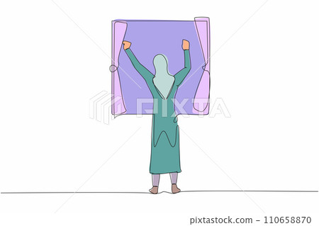 Single one line drawing back view young Arab woman stretching arms in window after good night sleep. Relaxed female standing at window to get fresh air. Continuous line draw design vector illustration 110658870