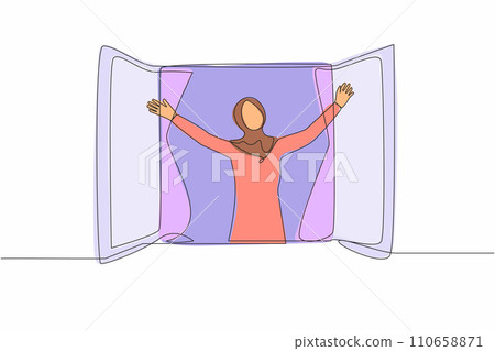 Single continuous line drawing happy Arab woman doing stretching and look out of window. Welcome new day and breathe fresh air. Enjoy sunny weekend at home. One line graphic design vector illustration 110658871