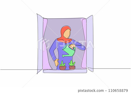 Single one line drawing active Arab woman watering flowers on the balcony. Young lady doing gardening favorite hobby. Home garden, house plants growing. Continuous line draw design vector illustration 110658879