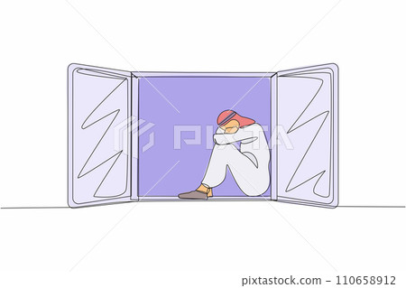 Single continuous line drawing desperate Arabian man sitting on windowsill. Depression, stress, melancholy, despair, frustration, life problem. Dynamic one line draw graphic design vector illustration 110658912