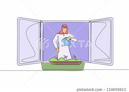 Continuous one line drawing Arab man watering flowers on the balcony. Young guy doing gardening favorite hobby. Home green garden, house plants growing. Single line design vector graphic illustration 110658913
