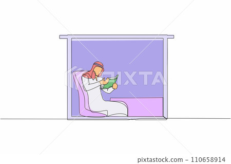 Continuous one line drawing Arab man sitting in chair reading classic literature book. Businessman reader. Sitting in armchair near window in living room. Single line draw design vector illustration 110658914