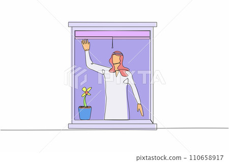 Single one line drawing Arab male waving at window as look like to greet or invite people to come in. Man looking out from apartment from windowsill. Continuous line design graphic vector illustration Single one line drawing Arab male waving at window as look like to greet or invite people to come in. Man looking out from apartment from windowsill. Continuous line design graphic vector illustration 110658917