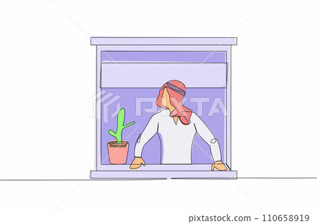 Continuous one line drawing curious Arab businessman looking outside window. Stay at home during coronavirus covid-19. Man with a plant watching out the window. Single line design vector illustration Continuous one line drawing curious Arab businessman looking outside window. Stay at home during coronavirus covid-19. Man with a plant watching out the window. Single line design vector illustration 110658919