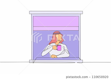 Single one line drawing Arab man enjoy hot coffee or tea in window house. Male holding mug, looking through window while sitting on windowsill at home. Continuous line draw design vector illustration Single one line drawing Arab man enjoy hot coffee or tea in window house. Male holding mug, looking through window while sitting on windowsill at home. Continuous line draw design vector illustration 110658920