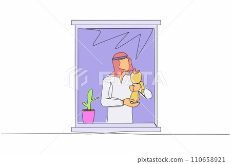 Single continuous line drawing Arab man holding newborn baby near window. Child lies on in dad's arms. Dad helping mom taking care of baby kid. Dynamic one line draw graphic design vector illustration Single continuous line drawing Arab man holding newborn baby near window. Child lies on in dad's arms. Dad helping mom taking care of baby kid. Dynamic one line draw graphic design vector illustration 110658921