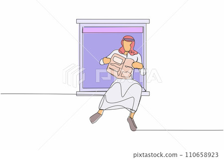 Single one line drawing relaxed Arab man sitting on windowsill and reads newspaper. Cozy balcony. Home activities. Stay at home during pandemic. Continuous line draw design graphic vector illustration Single one line drawing relaxed Arab man sitting on windowsill and reads newspaper. Cozy balcony. Home activities. Stay at home during pandemic. Continuous line draw design graphic vector illustration 110658923