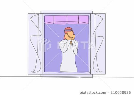 Single continuous line drawing Arab man sitting sadly with support the chin near the window. Coronavirus impact in business, economic recession, pandemic. One line graphic design vector illustration Single continuous line drawing Arab man sitting sadly with support the chin near the window. Coronavirus impact in business, economic recession, pandemic. One line graphic design vector illustration 110658926